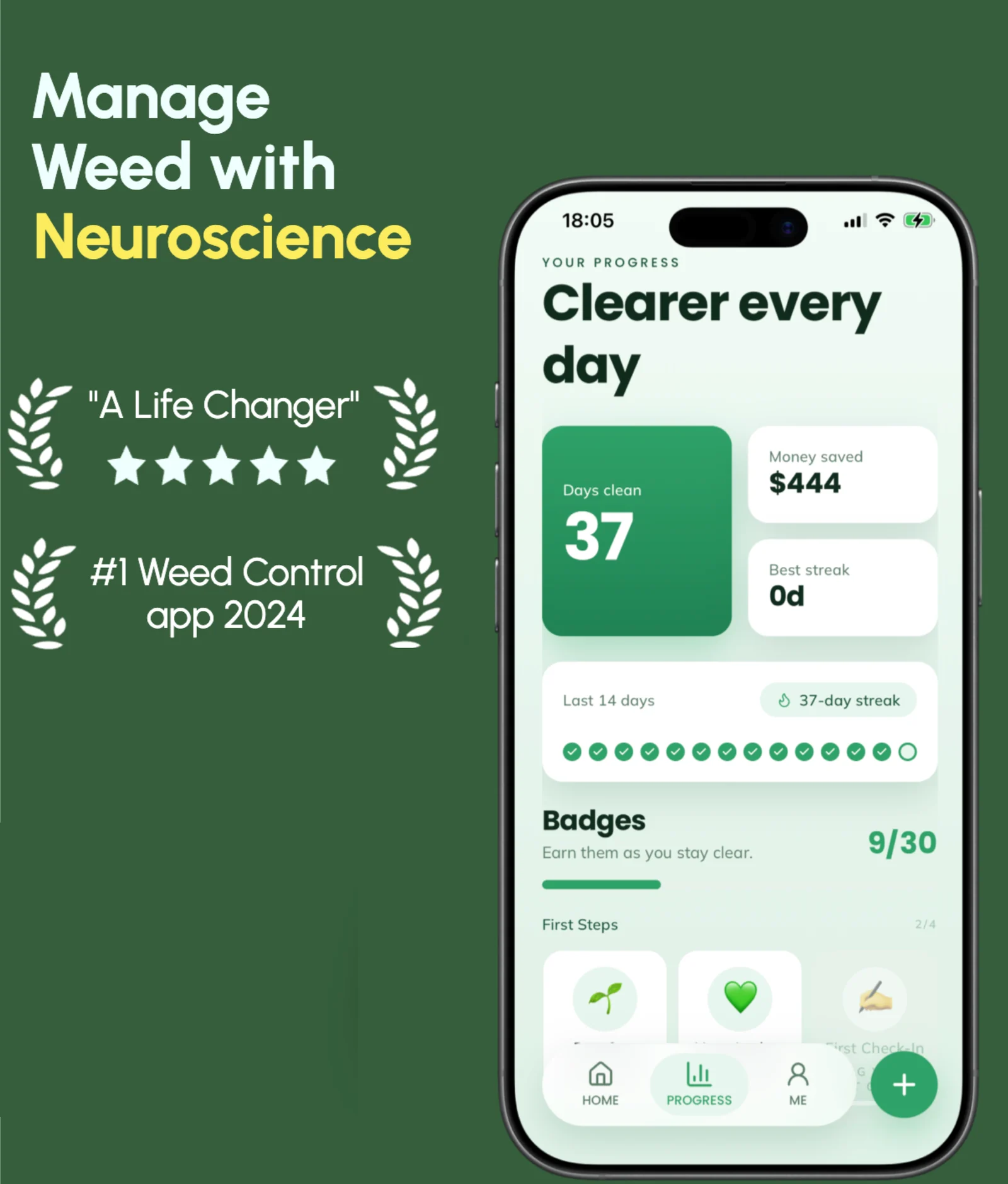 The Dehaze app's progress screen — 37 days clean, $444 saved, a 37-day streak and earned badges